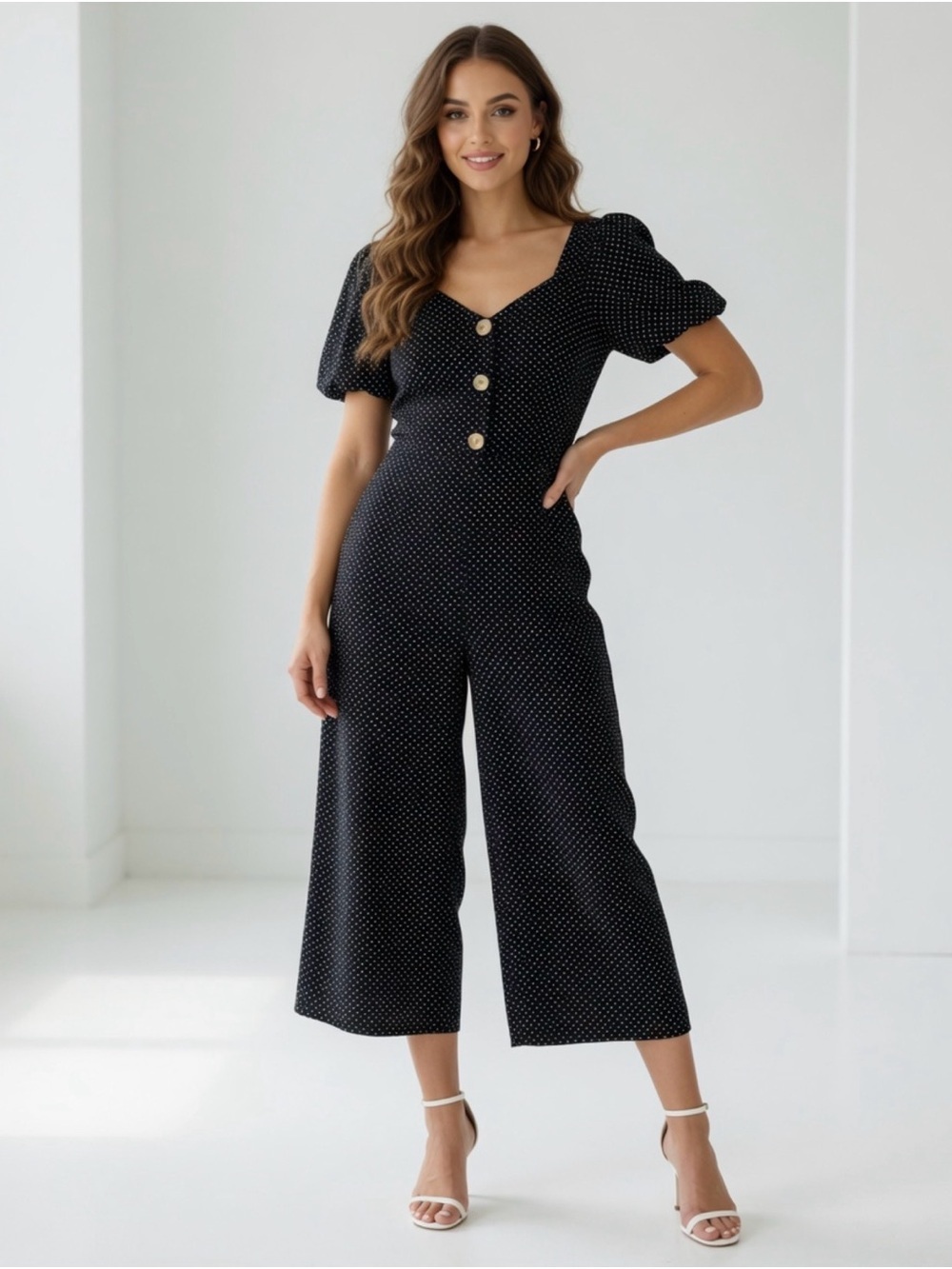 Monteau Black Polka Dot Puff-Sleeve Jumpsuit